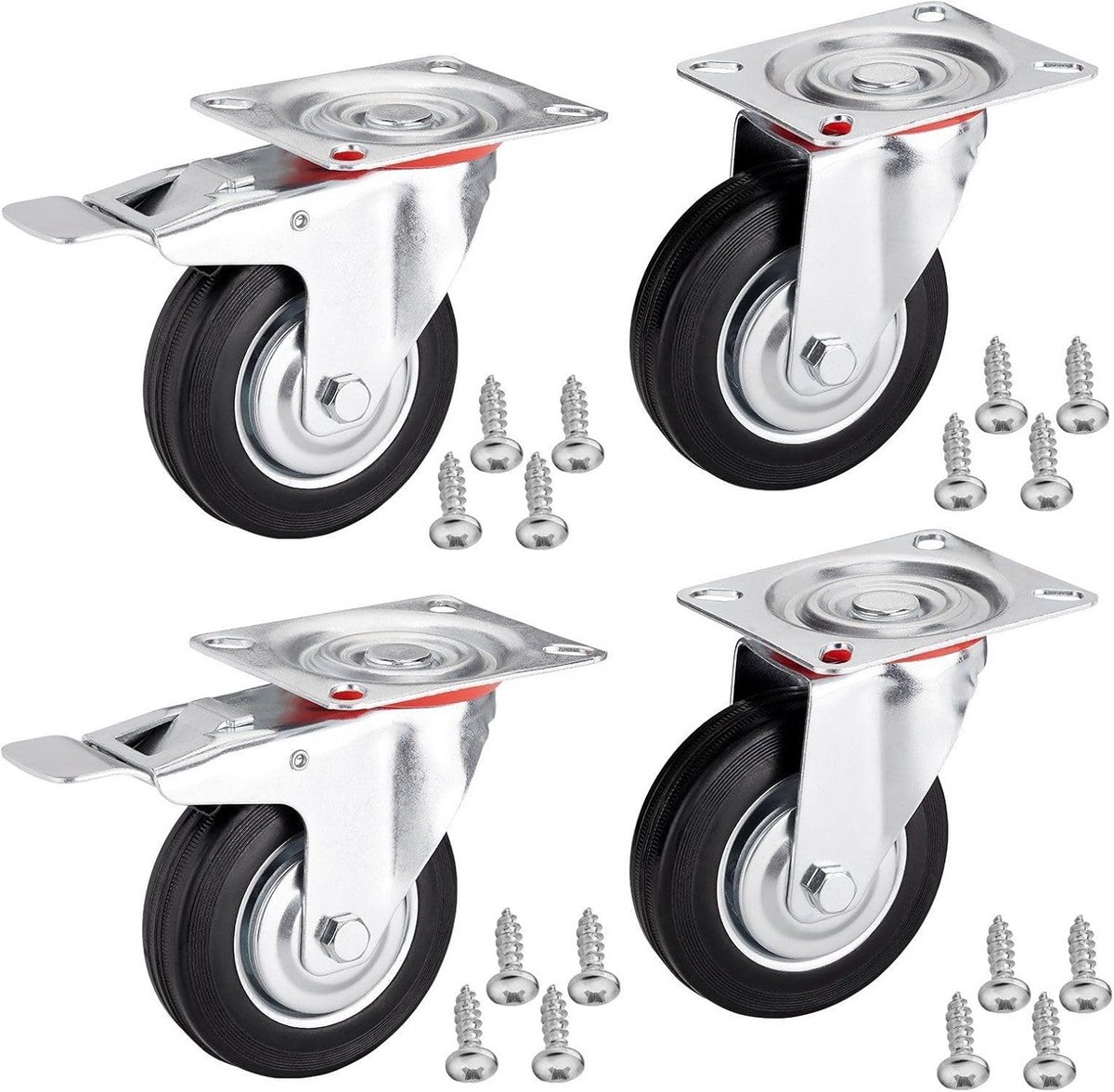 Set van 4 Zwenkwielen met Rem Ø 125 mm voor Zware Belasting