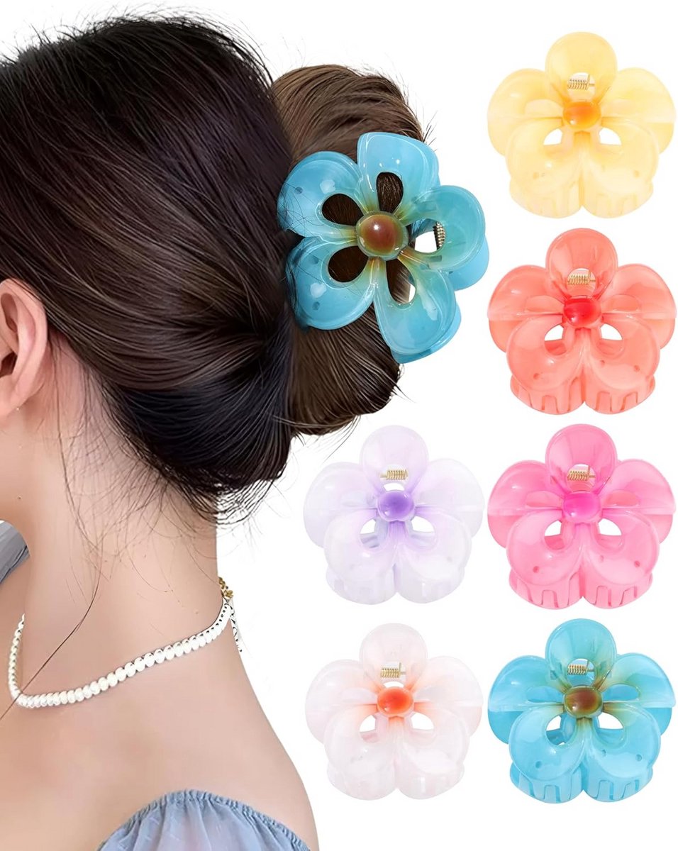 Set van 6 Grote Bloemen Haarspeldjes voor Dik Haar - Antislip Tropische Haarclips
