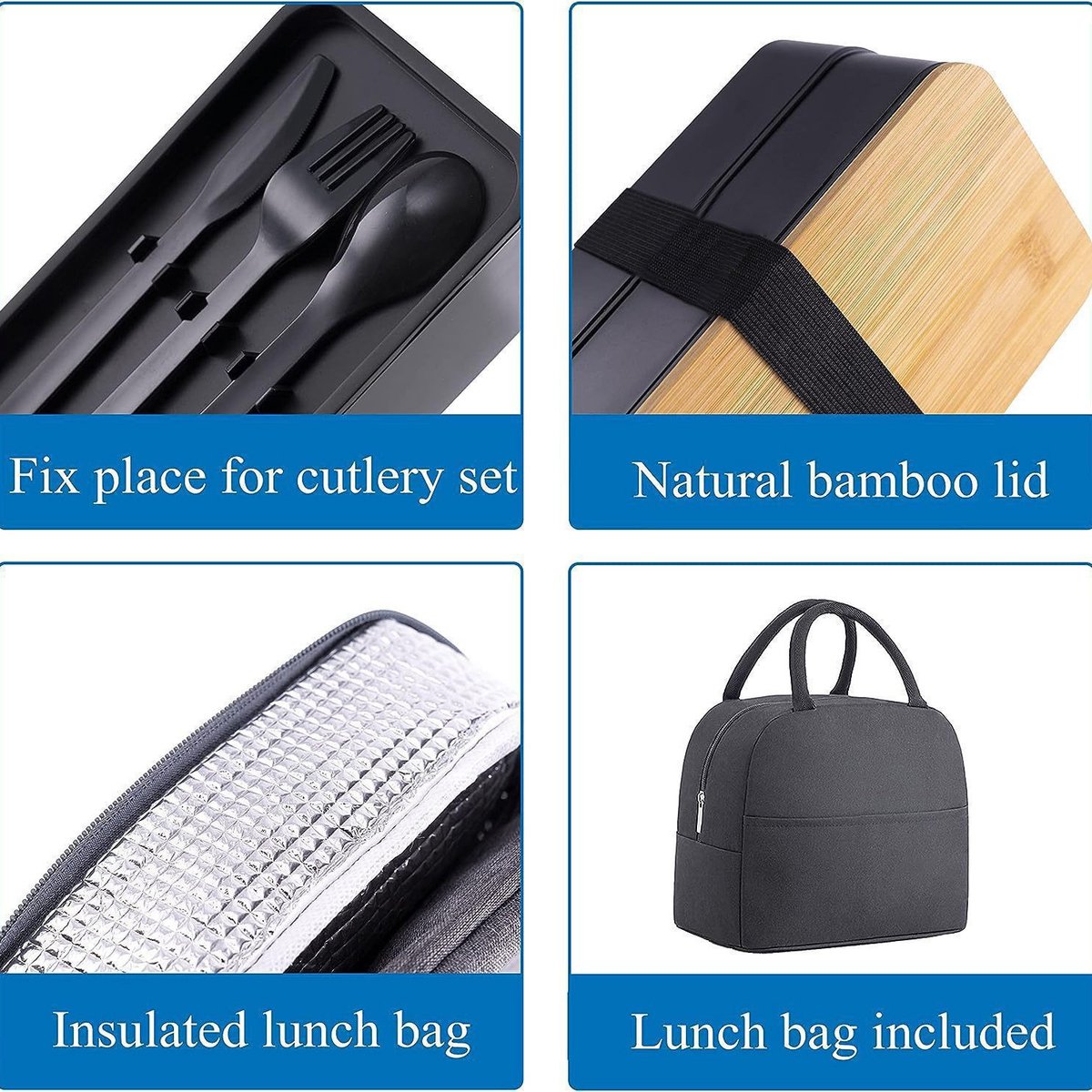 Lunchbox - lunchbox met vakjes - Bento box - 11*19*11cm - Dubbellaagse bamboe lunchbox met deksel - stapelbaar - inclusief bestek en geïsoleerde tas - Hoogwaardig PP-materiaal — cadeau in Koken & Dineren - foto 2