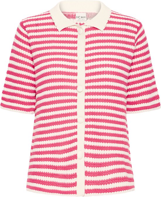 Gilet tricoté blanc à rayures roses, col beige et fermeture boutonnée.