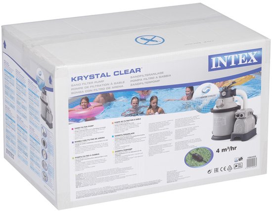 Verpakking van Intex Krystal Clear SX1500 zandfilterpomp met afbeelding van product en zwembad.