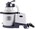 Intex zandfilterpomp met witte tank, grijze motorunit en stekker. Intex logo zichtbaar.
