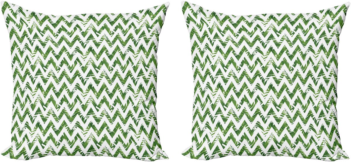 ABAKUHAUS Decoratieve kussenhoes met palmbladmotief, 2 stuks, chevronpatroon, moderne uitstraling, 50x50 cm, groen en wit