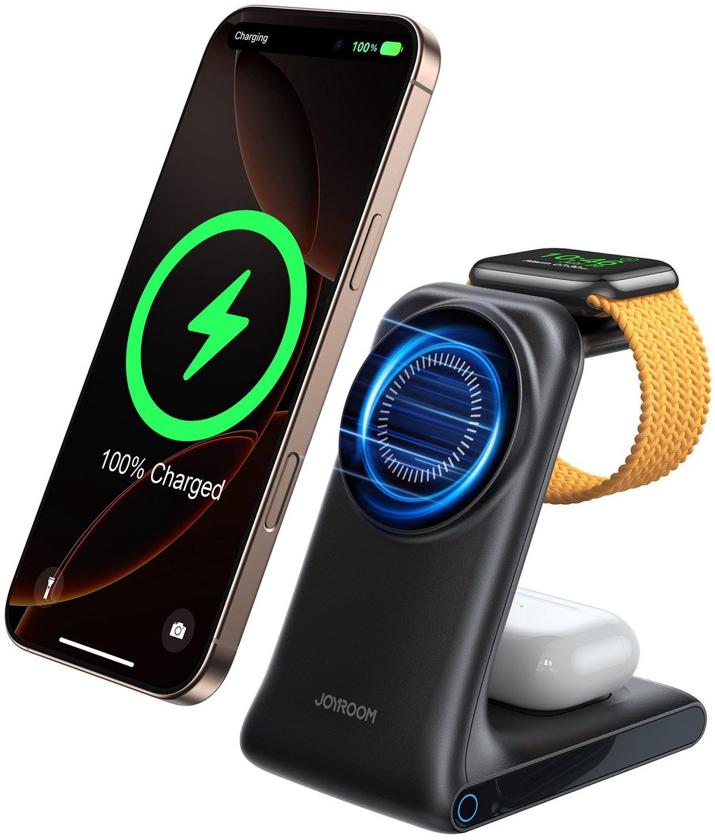 3-in-1 draadloze oplader 15W geschikt voor MagSafe – Oplaadstation voor smartphone, oordopjes en smartwatch – Qi draadloos laden – USB-C – Joyroom – Zwart