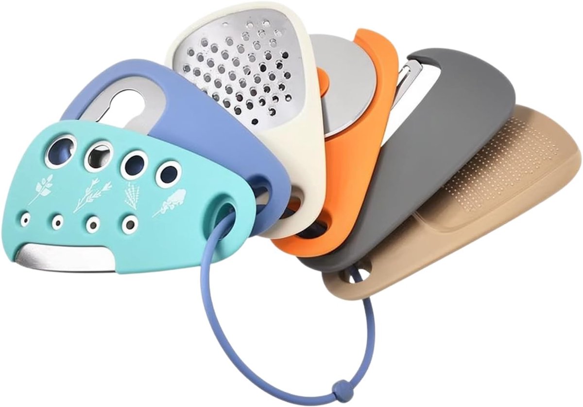 Draagbare keukenset 6-in-1, ruimtebesparende roestvrijstalen kampeerkeukenset met dunschiller, kaassnijder, flesopener, gembermolen en dunschiller.