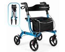 Medzone Rollator Lichtgewicht en Opvouwbaar - Zitfunctie - Binnen en Buiten - Rugleuning en Wandelstok Houder - Blauw