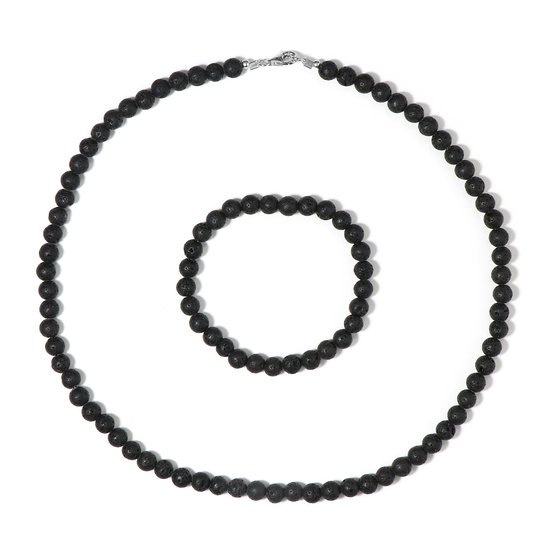 Cavill stijlvolle zilveren sieradenset met zwarte lavakralen - ronde lavakralen armband en ketting uit Indonesië, gerhodineerd sterling zilver