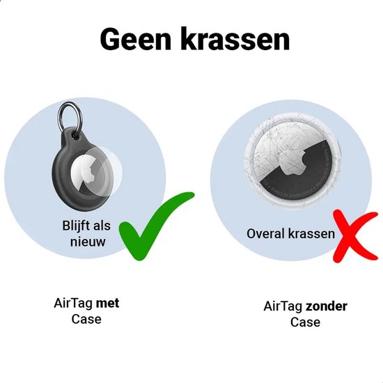 Vergelijking van een AirTag met en zonder hoesje. Rechts een AirTag met krassen, links een AirTag in hoesje blijft als nieuw.