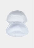 Twee doorzichtige, gel-gevulde siliconen push-up pads in halvemaanvorm, op een grijze achtergrond.