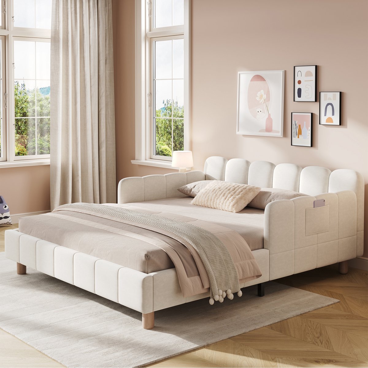Sweiko Kinderbed - 140 x 200 cm - Gestoffeerd hoofdeinde - Valbeveiliging - Massief houten poten - Velvet - Beige