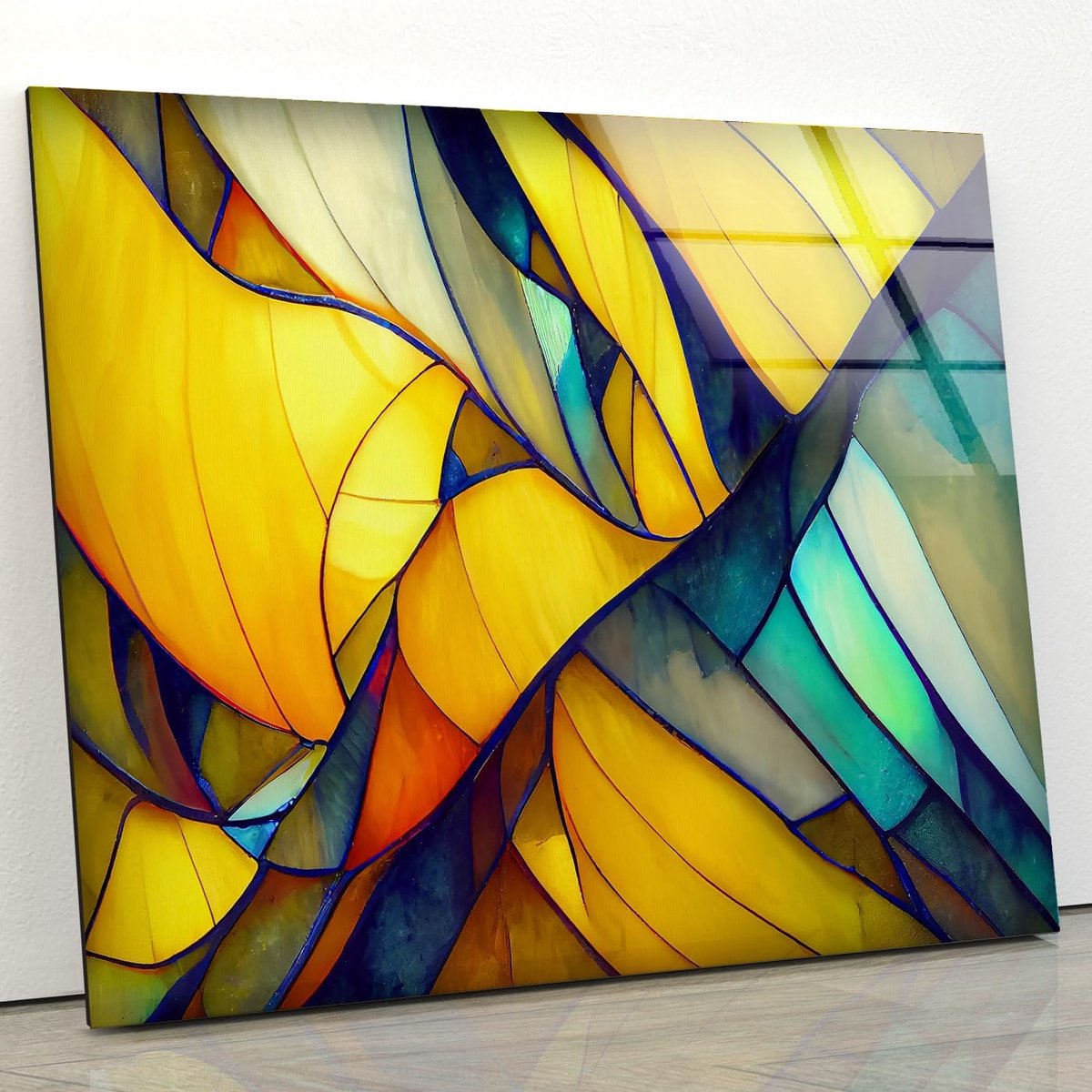 Glas Muurkunst - Abstract Decoratie - Woonkamer Aankleden - Gehard Glas - 91x91cm - Geel