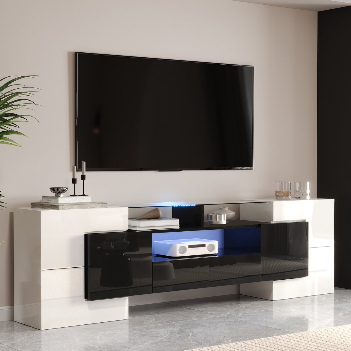 MODENUIT Tv-meubel - Hoogglans Met Ledverlichting En Opbergruimte - Voor Woonkamer - Zwart En Wit - 200x35x60 Cm