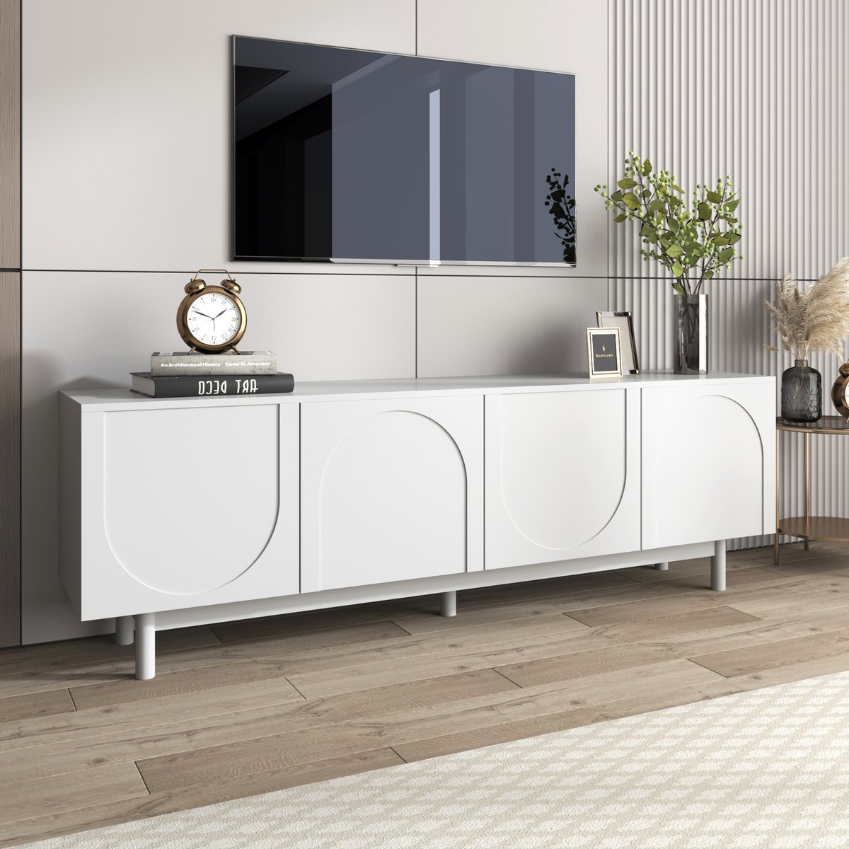 MODENUIT Tv-Meubel - 4 Deuren Met Drukopening - Voor Woonkamer Met Verstelbare Planken - Wit - 175x38x56 Cm