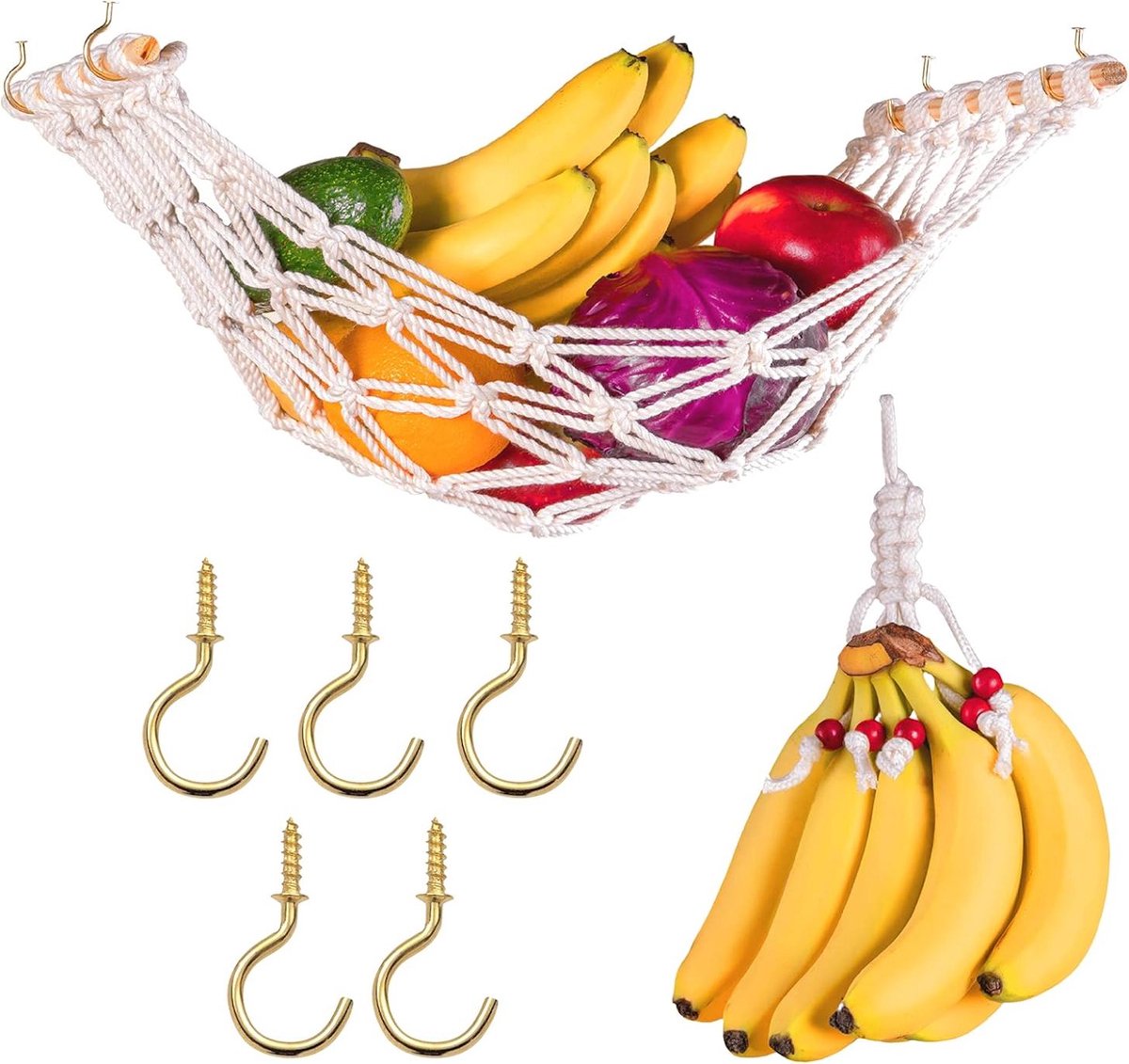 MacrameFruitmand - HangendGroentenNet - OnderKastBevestiging - 1 Stuks - KeukenBruin