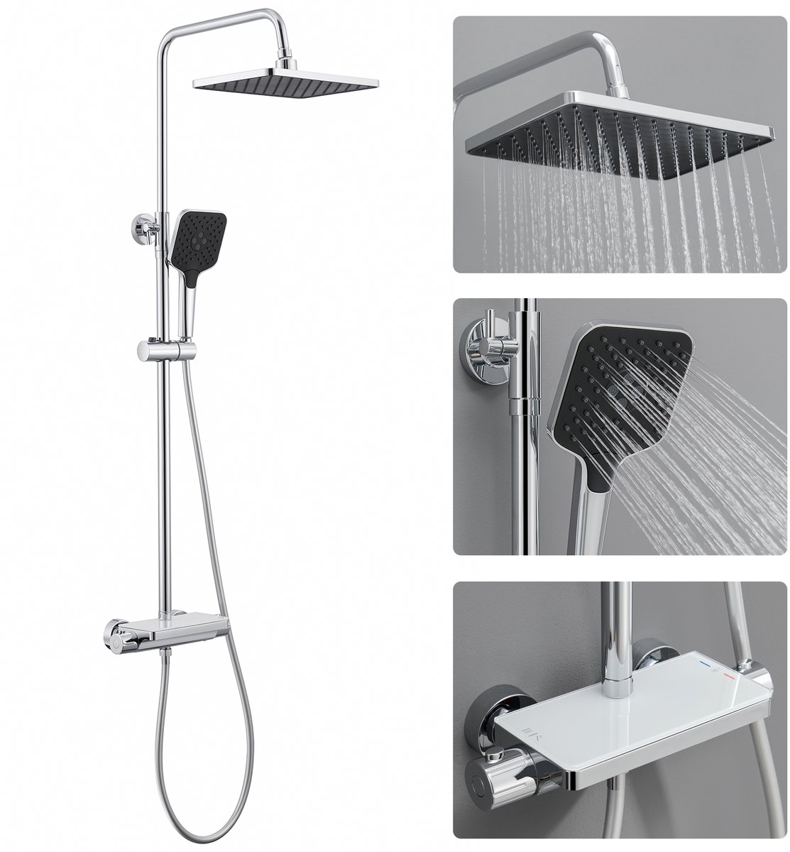Lonheo Max Thermostatische Doucheset - 10 Inch Vierkante Regendouche - 3-Functie Handdouche - Chroom Afwerking - Gehard Glazen Plateau