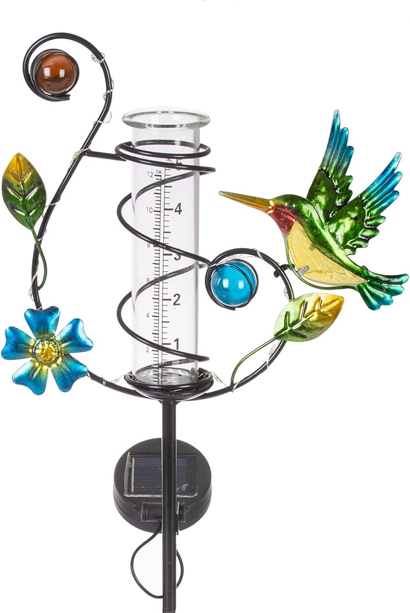 Regenmeter Tuin - Regenmeter Buiten - Tuindecoratie Meten - Zonne-energie LED Licht - 35 Inch Hoog - Kleurrijk