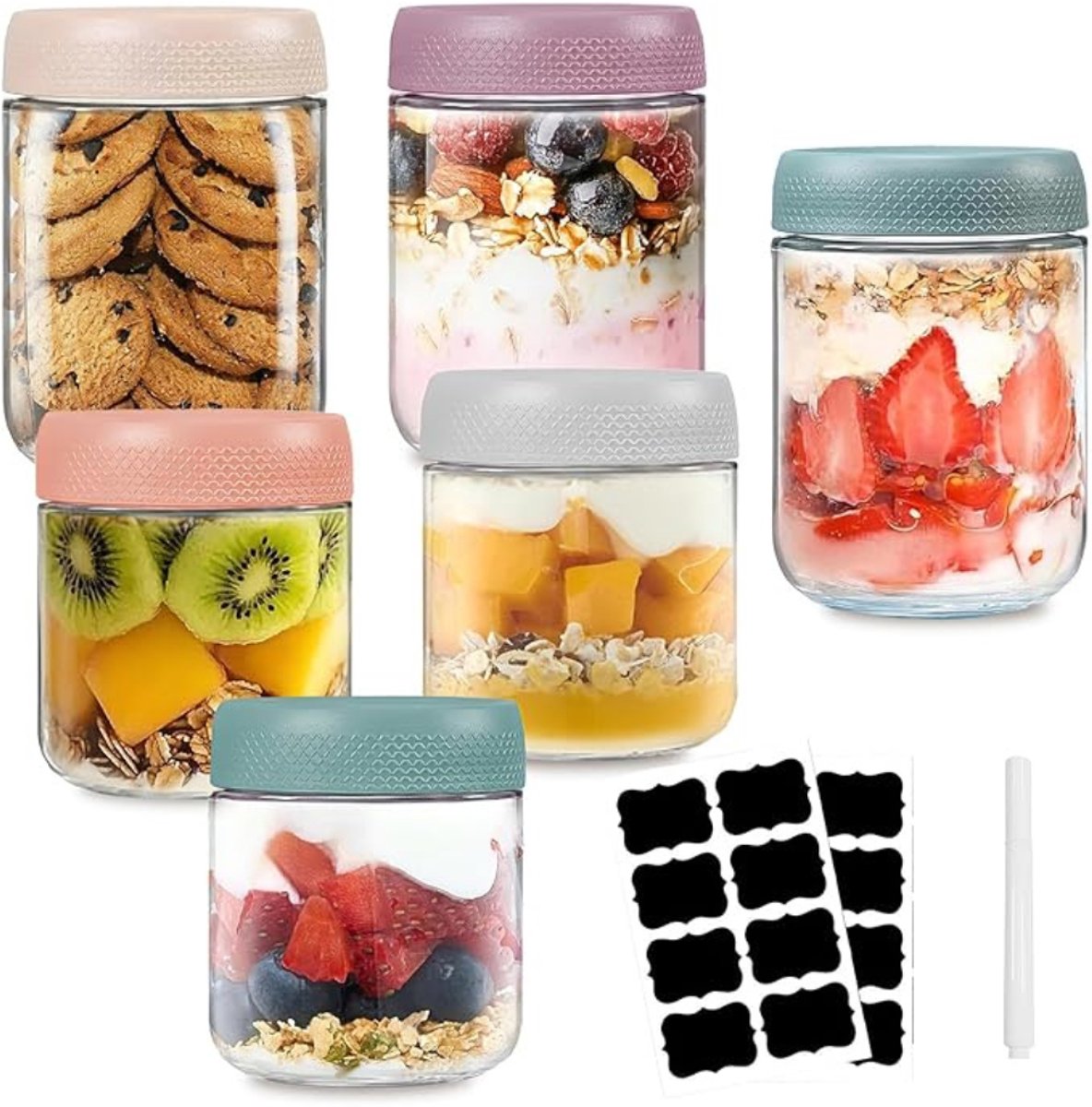 Verte Overnight Oats Potjes - Potjes voor Overnight Oats - Glazen Bewaarpotjes met Schroefdeksel - Lekvrije Potjes voor Maaltijdvoorbereiding: Salade - Chutney - Yoghurt - Pudding - Jam - Muesli - Kruiden - 6 Stuks - 300 ml + 500 ml