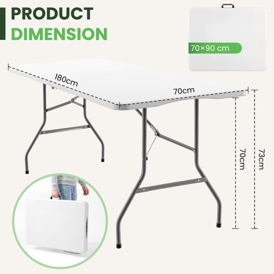 xDays Inklapbare Tafel - Wit - 180x70x73 cm - Klaptafel - Vouwtafel - Campingtafel - Opvouwbaar tot Koffer met Handvat - Weerbestendig - 6 tot 8 Personen - Partytafel - Buffettafel - Binnen & Buiten — afbeelding 3