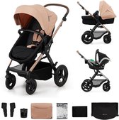 Nude roze kinderwagen met gouden frame, zitje en autostoeltje. Diverse accessoires.