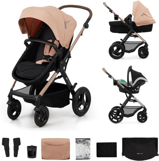 Nude roze kinderwagen met gouden frame, zitje en autostoeltje. Diverse accessoires.