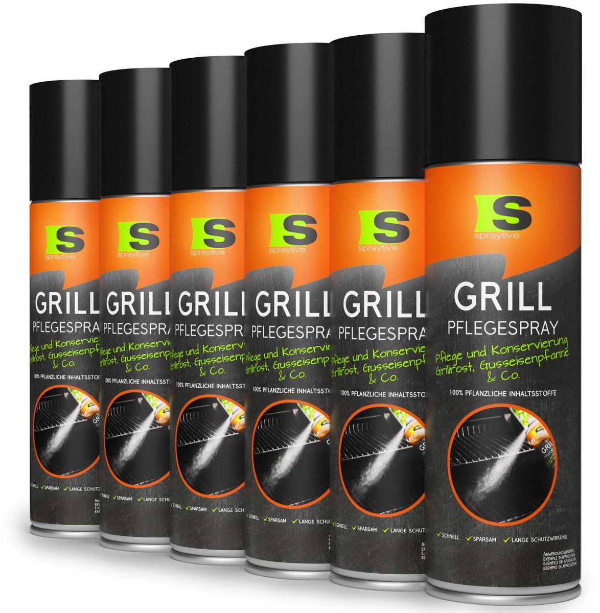 Spraytive 6x 500ml BBQ onderhoudsspray antiaanbak grillolie voor grillrooster gietijzer en rvs beschermt tegen roest