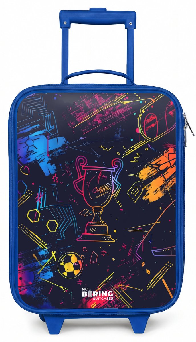 NoBoringSuitcases.com® - Kinderkoffer blauw - Kindertrolley jongen - Neon sporttrofee design - Koffer kind lichtgewicht - Reiskoffer trolley voor kinderen - Koffertje met lichtgevende wieltjes - Rolkoffer