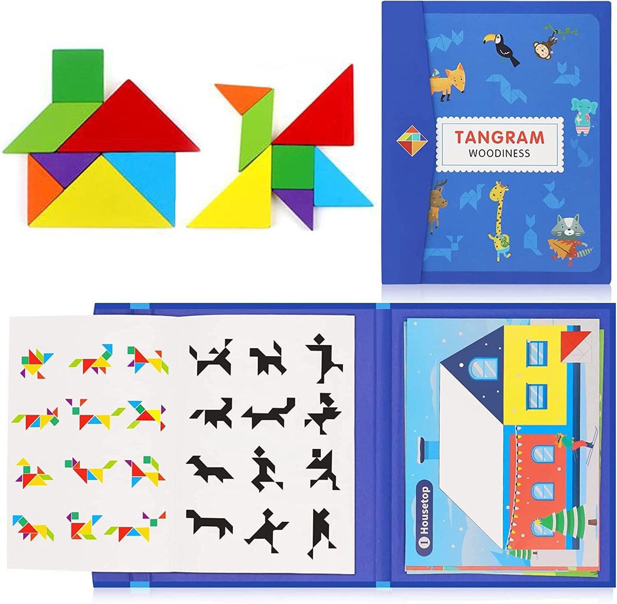 Houten Tangram Puzzel - Magnetisch Spel - Mentale Training - Inclusief Oplossingenboekje - 22.5 x 18.5 cm - Blauw