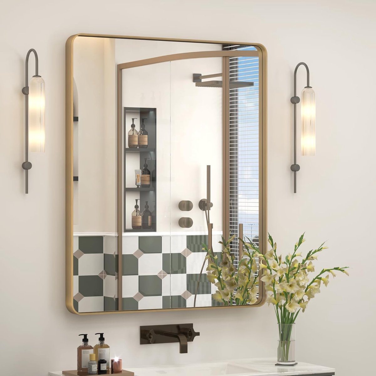 Wandspiegel Rechthoekig - Badkamerspiegel IJdelheid - Make-up Dressing - Geborsteld metaal frame - 76x91 cm - Goud