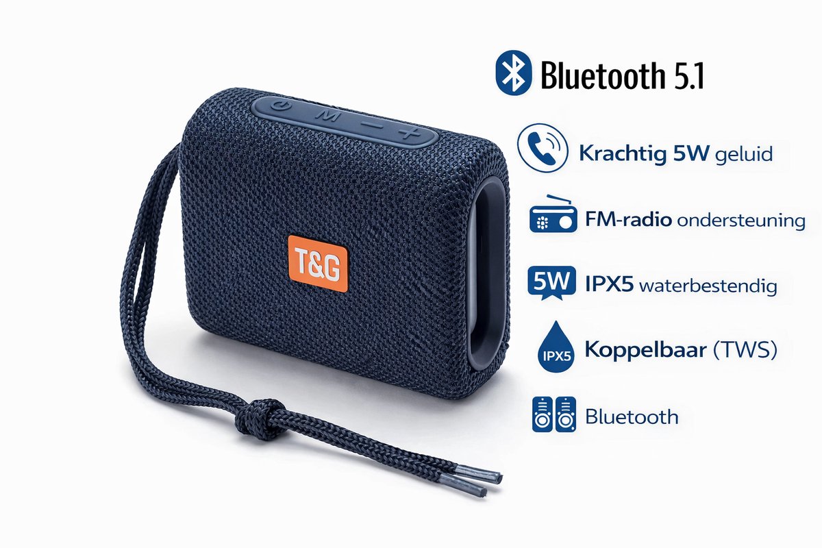 Draagbare Bluetooth Speaker Blauw – Mini Waterproof IPX5 – 5W Krachtig Geluid – AUX, USB & TF – Handsfree Bellen – Compacte Draadloze Speaker