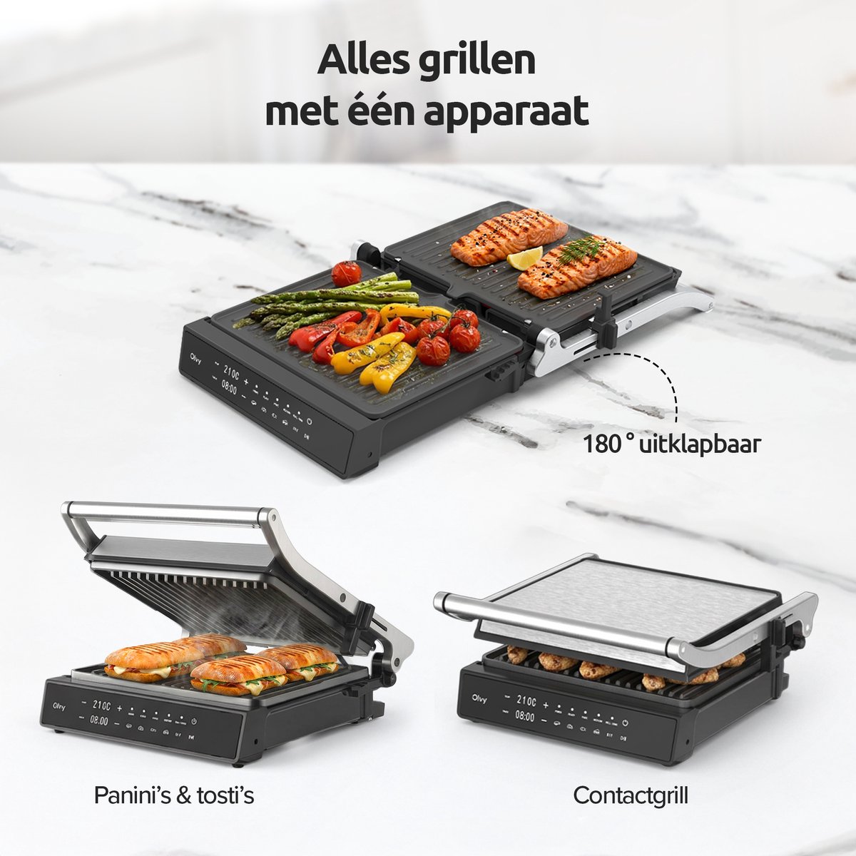 Olvy Contactgrill XL - Uitneembare PFAS-vrije platen - 180º Uitklapbaar - Vaatwasserbestendig - Met Temperatuurregeling - Panini - Croque Monsieur Toestel - Grill Apparaat - Tosti Ijzer - Apparaten — cadeau in Kookcadeaus - foto 8