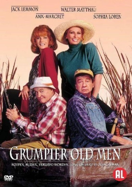 Jack Lemmon, Walter Matthau, Ann-Margret en Sophia Loren op de poster van Grumpier Old Men, met het jaartal 1995.