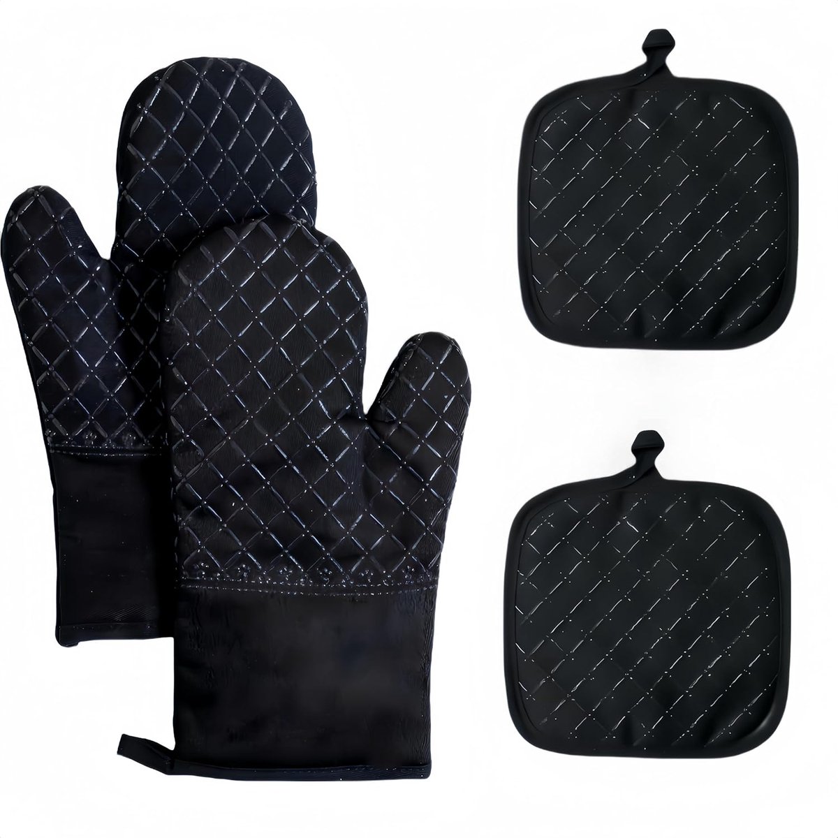 4-Delig Zwart Set Ovenwanten & Pannenrekken – Verlengde uitvoering – Hittebestendig tot 500 °F – Siliconen anti-slip voor koken en bakken