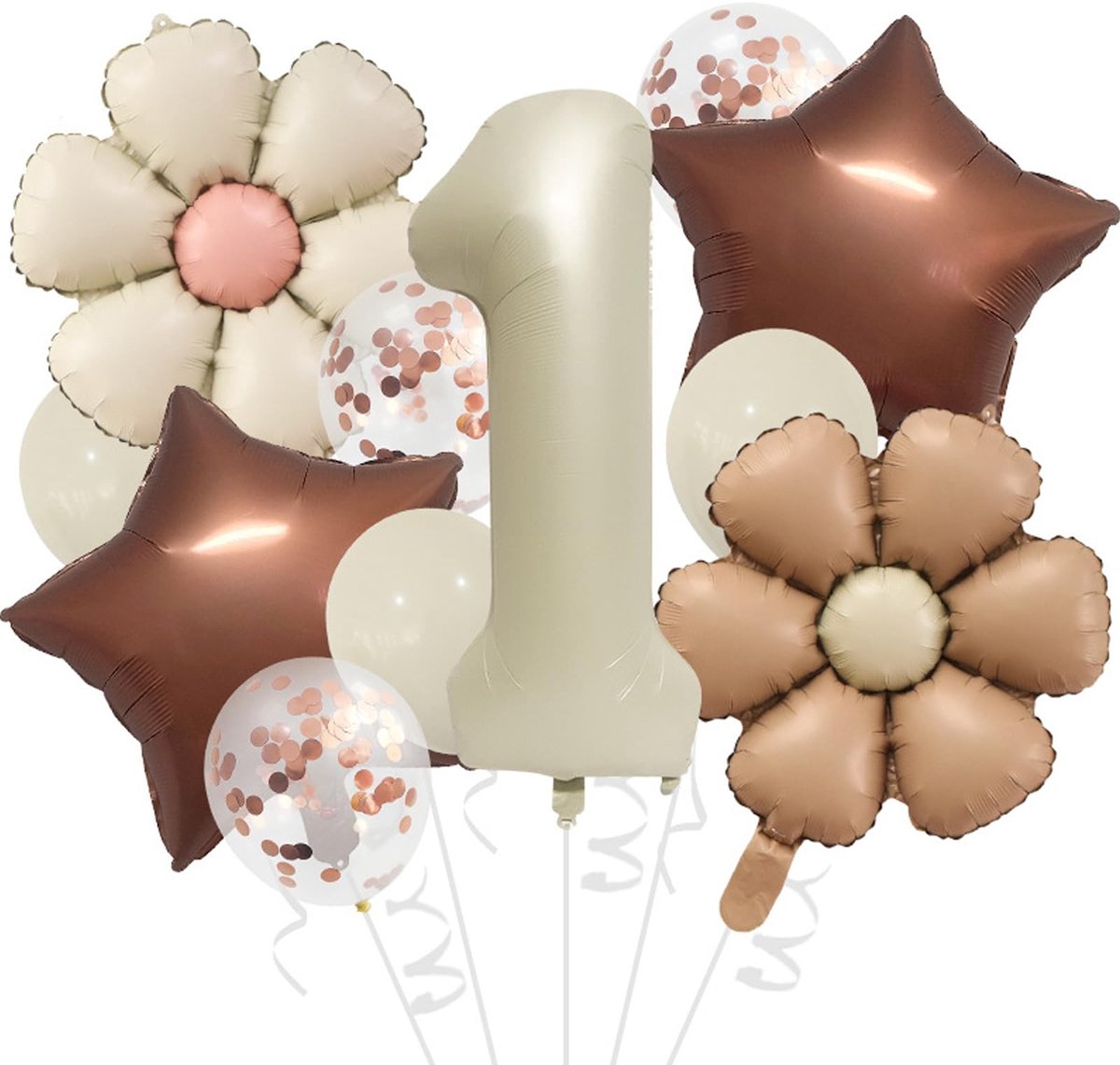 Allecto - Vintage ballonset - 11 stuks - feestelijke decoratie - beige en bruin - confettiballonnen - madelief en sterfolieballonnen - Geschikt voo...
