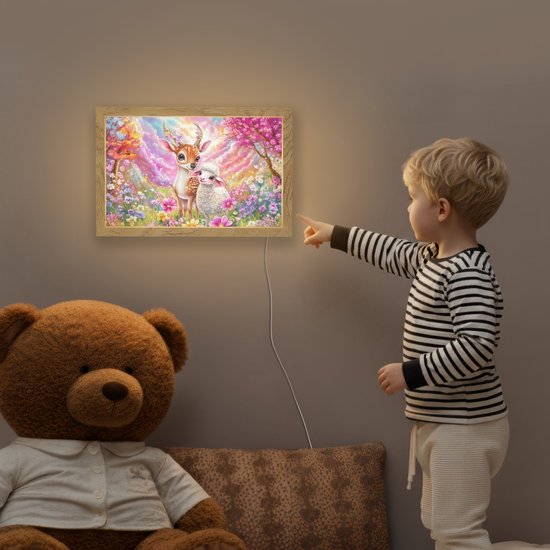 Nachtlampje 30x20 cm - Kinder lamp - Hertje - Lammetje - Bloemen - Pastel - Tafellamp kinderkamer - Slaapkamer lamp - Bedlamp kinderen - Kinderlampje stopcontact - Wandlamp babykamer - Nachtlampjes van Merkloos — afbeelding 5