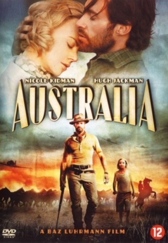 De poster van de film 'Australia' toont Nicole Kidman en Hugh Jackman. Een man in cowboykleding staat op de voorgrond.