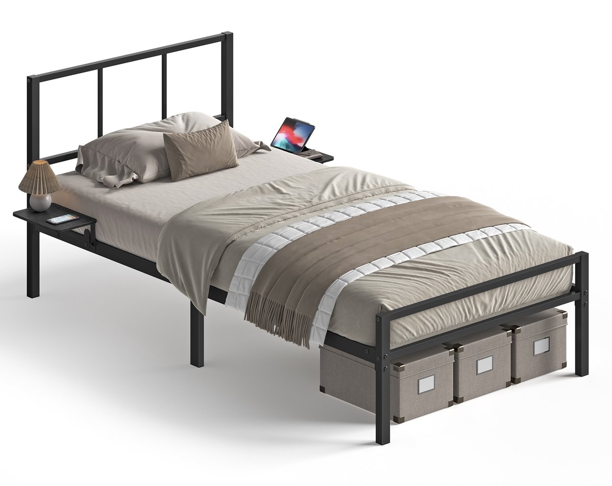 Vasagle Bed - Metalen Bed - Met Hoofdbord en Opbergrekken - Geschikt voor 90x190 cm Matras Zwart