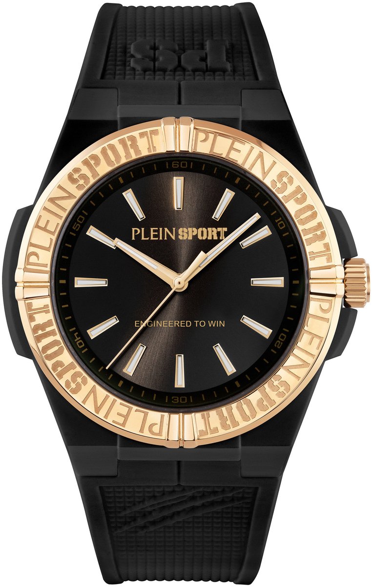 Plein Sport Laserstrike Kwarts Analoog Horloge Zwart En Rozengoud-Tint Kast: 100% Gerecycled Roestvrij Staal| Armband: Siliconen 42 mm PSFGA0626, PSFGA0726, PSFGA0826, PSFGA0926, PSFGA1026