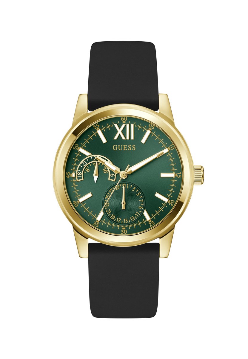 Guess Emerson Quartz Analoog Horloge Zwart Kast: 100% Roestvrij Staal | Armband: 100% Siliconen 42 mm GW1056G1, GW1056G2