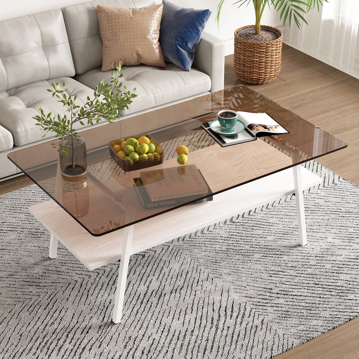 REDOM - Salontafel - Gehard glazen tafelblad - Rechthoekig met opbergplank - Moderne stijl - Woonkamer - MDF en metaal - Bruin en wit - 98 x 58 x 42,5 cm