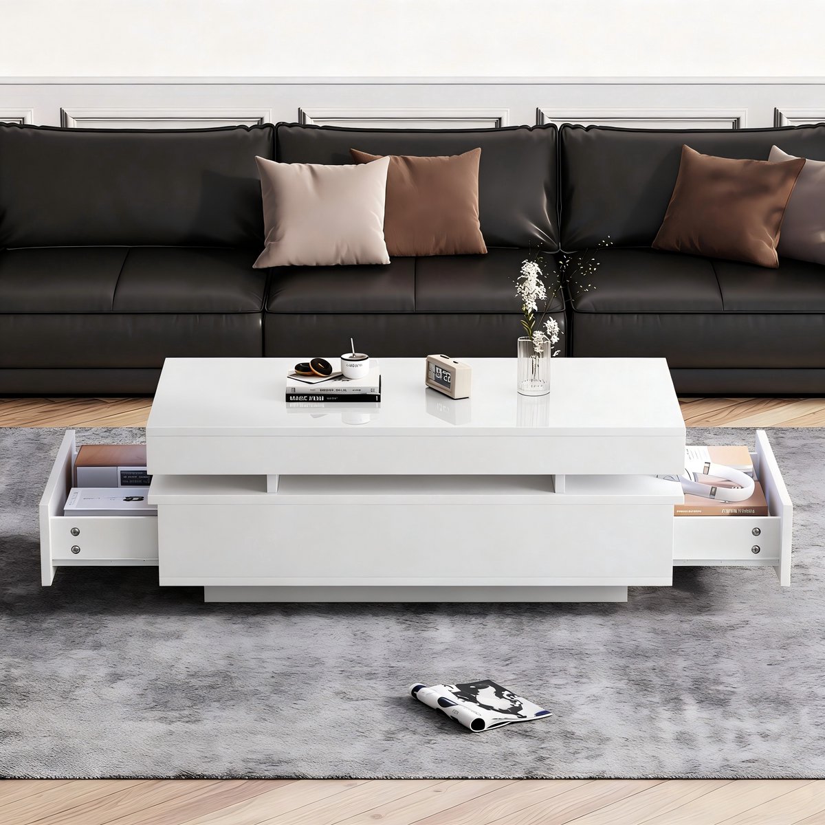 REDOM Salontafel - 2 Laden - Ledverlichting - Modern - Woonkamer - Spaanplaat - Wit - 100 X 50 X 35 Cm