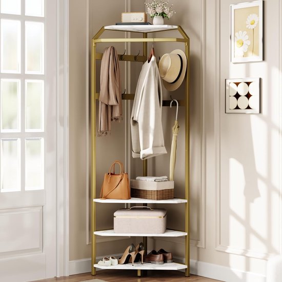 HOMEKAYT Modern kledingrek op wielen gouden kledingrek met 4-laags planken kledingdisplays rekken voor slaapkamer, boetiek, stoffen winkel metalen pijphangrek-47,2 L