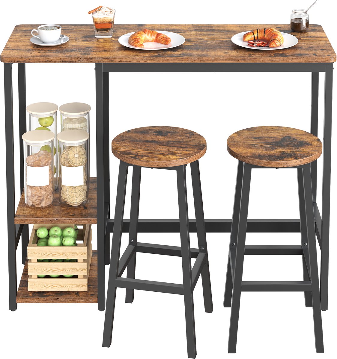 Vasagle Bartafel - Tafel met Planken - Stalen Frame - Inclusief Keukenstoelen Bruin