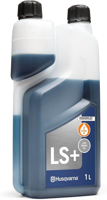 Husqvarna LS+ 2-takt olie 1L, rookarme halfsynthetische mengolie met blauwe vloeistof.