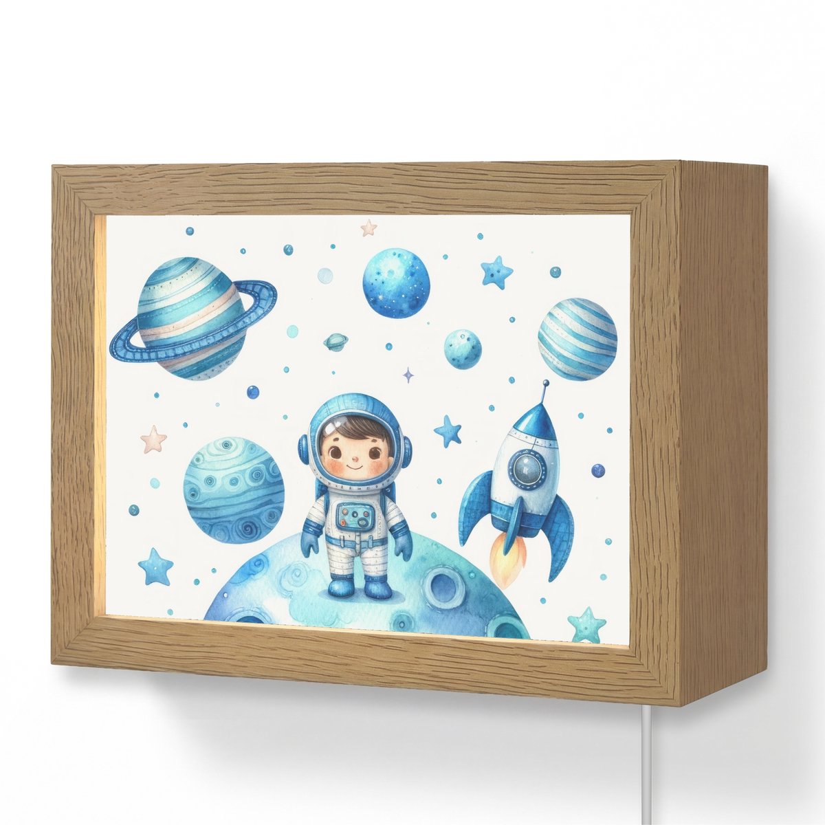 Wandlamp 20x15 cm - Oplaadbaar - Ruimte - Blauw - Astronaut - Sterren - Planeten - Wandlam