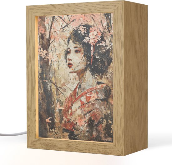 Gros plan de la lampe de table en bois avec tableau d'une femme en kimono et fleurs de cerisier.