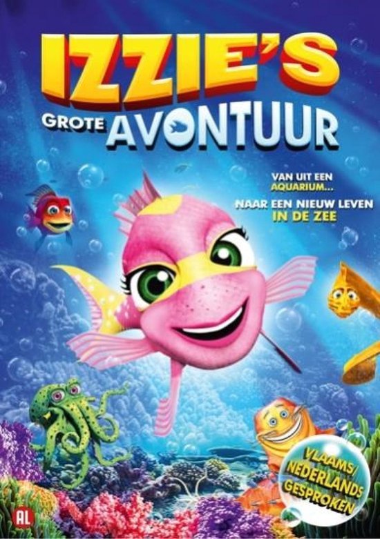 Een roze vis met grote groene ogen, met de titel "Izzie's Grote Avontuur" in gele letters. Ook te zien zijn een octopus en andere vissen.