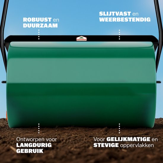Groene, robuuste en duurzame tuinwals met zwarte handgreep voor gelijkmatige en stevige oppervlakken.