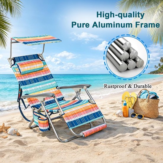 Opvouwbare Strandstoel - Lichtgewicht Stoel - Ontspannen Buiten - Met Zonnedak - 60x52x94cm - Meerkleurig — afbeelding 2