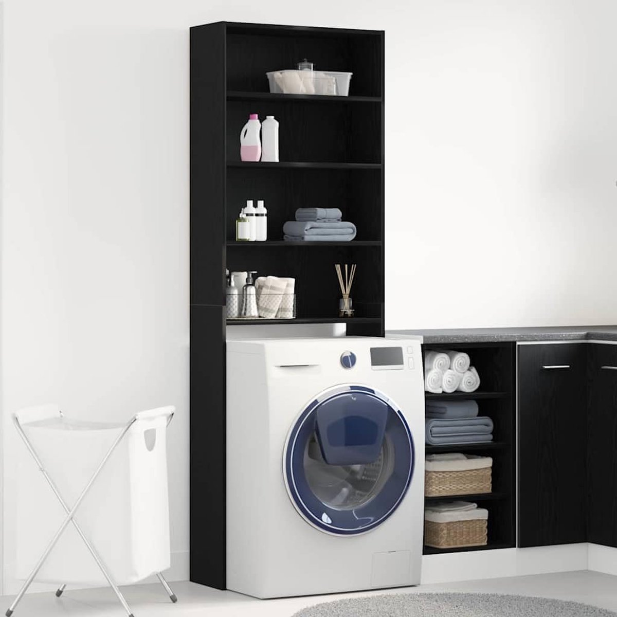 Wasmachinekast - Badkamerkast - Opbergen - Vloermontage - 64 x 24 x 190 cm - Zwart eiken