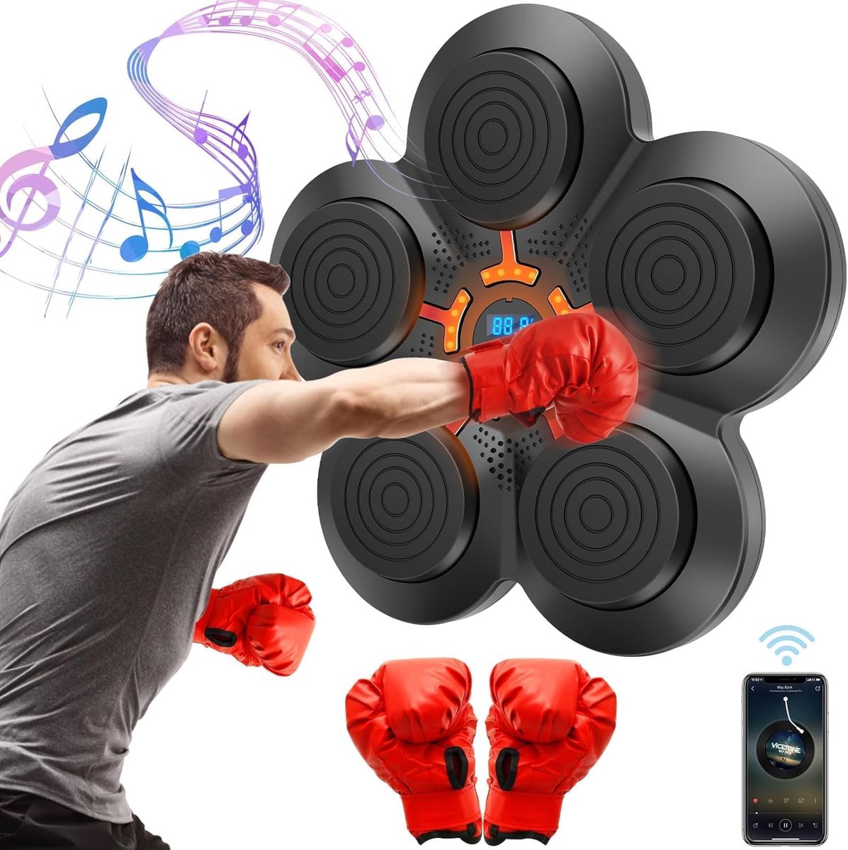 Muziek Boksen Machine - Slimme Trainer - Wandtraining - Bluetooth Connectie - 43cm Hoog - Zwart